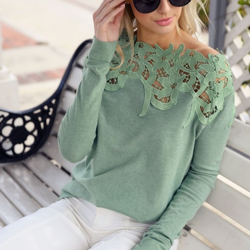 Lace Yoke Long-Sleeve Blouse - Sage Green - Picture 3 of 8